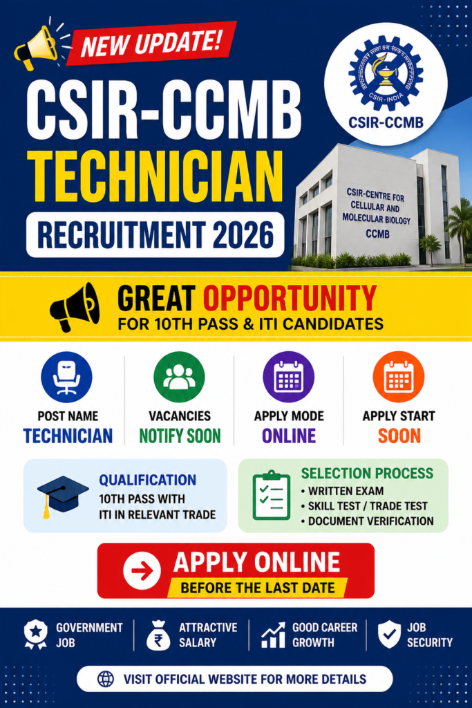 CSIR-CCMB Technician Recruitment 2026 mobile banner with apply online details, eligibility and selection process