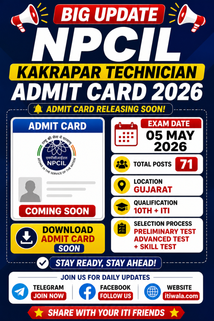 NPCIL Kakrapar Technician Admit Card 2026 banner with exam date 05 May 2026, 71 vacancies, ITI jobs update Gujarat