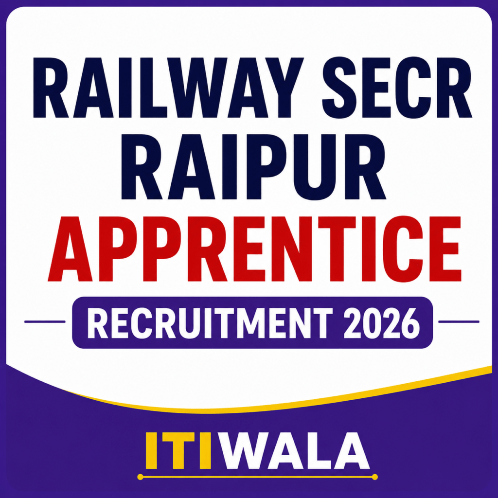 Railway SECR Raipur Apprentice Recruitment 2026 poster featuring recruitment announcement and ITIWala branding on a clean professional background.
