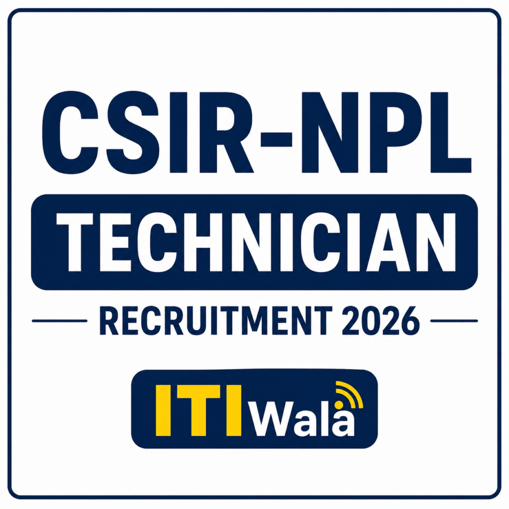 CSIR-NPL Technician Recruitment 2026 notification poster featuring Technician vacancies, ITI qualification requirement, and ITIWala branding.