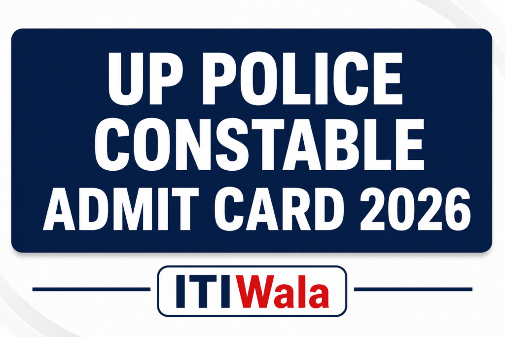 UP Police Constable Admit Card 2026 released notification banner with ITIWala branding and navy blue background.